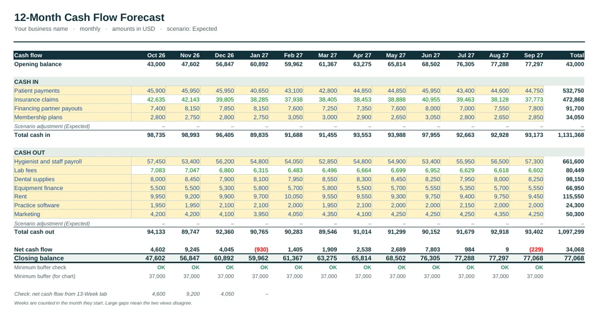 12-month forecast of the Dental Practice Cash Flow Forecast Template
