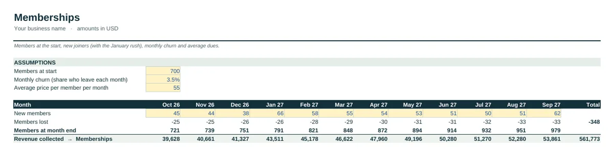 Industry tab of the Gym & Fitness Studio Cash Flow Forecast Template